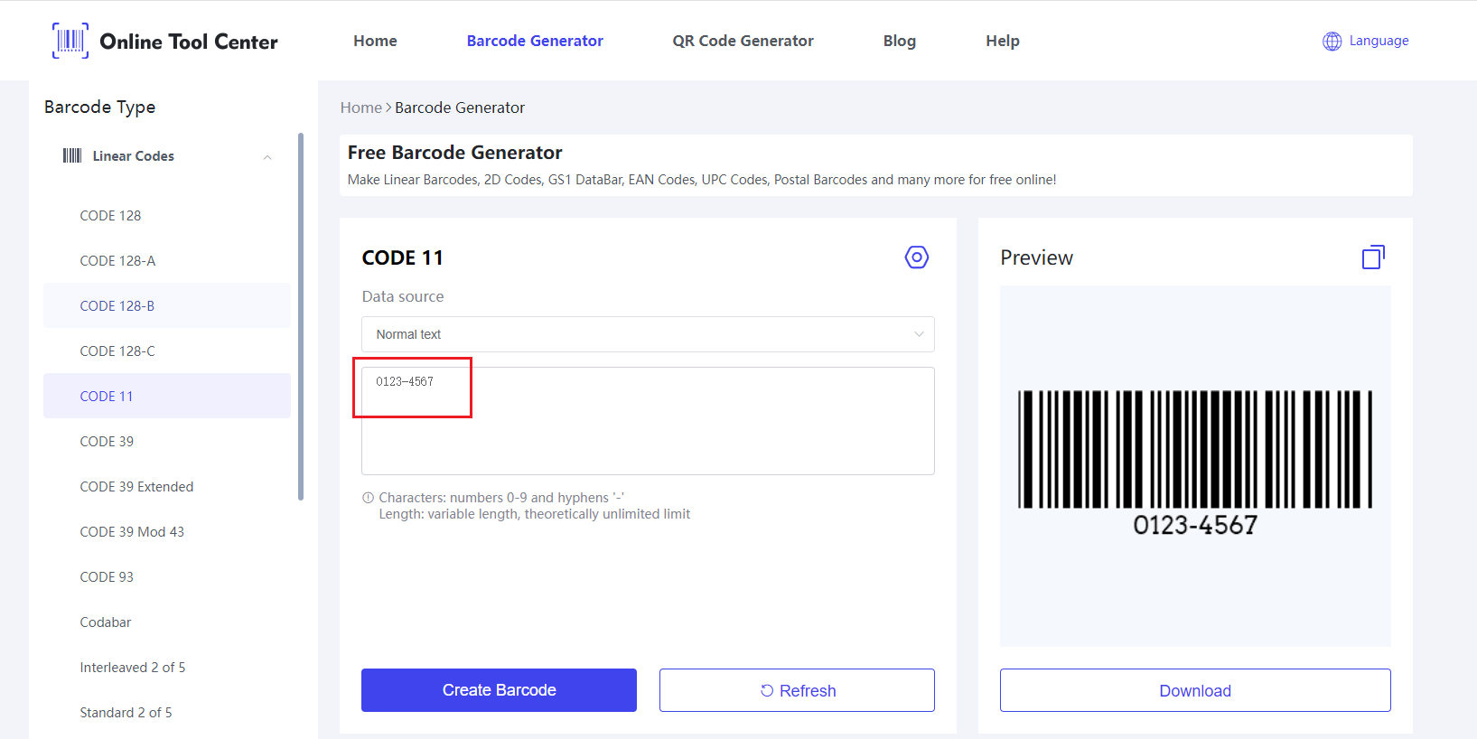 Introduceți datele pe Code 11 Barcode Generator.png