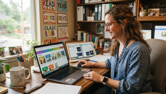 teacher using book creator tool profesor folosind instrumentul de creare a cărților